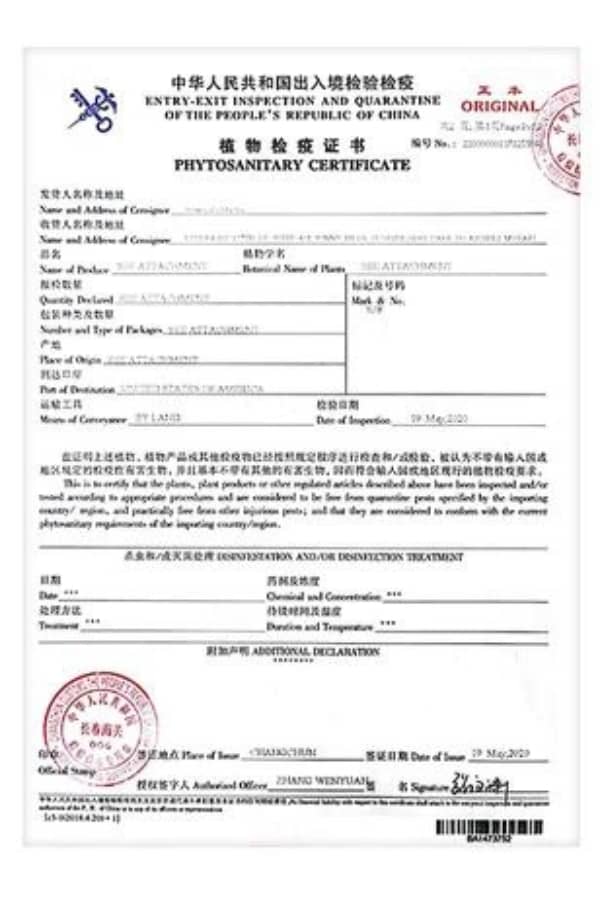 phytosanitary certificate